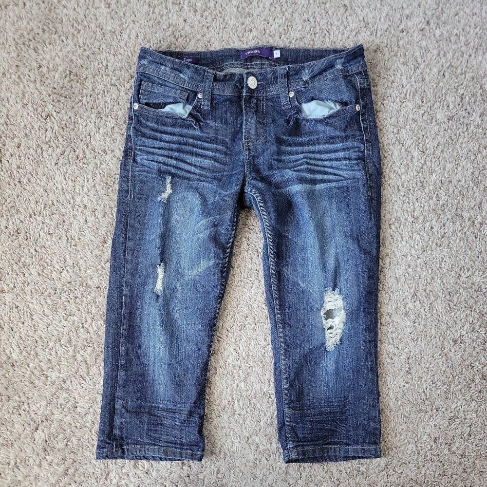 Vigoss Capri Jeans Womens 7 Distressed Embroidered Dark Wash Denim